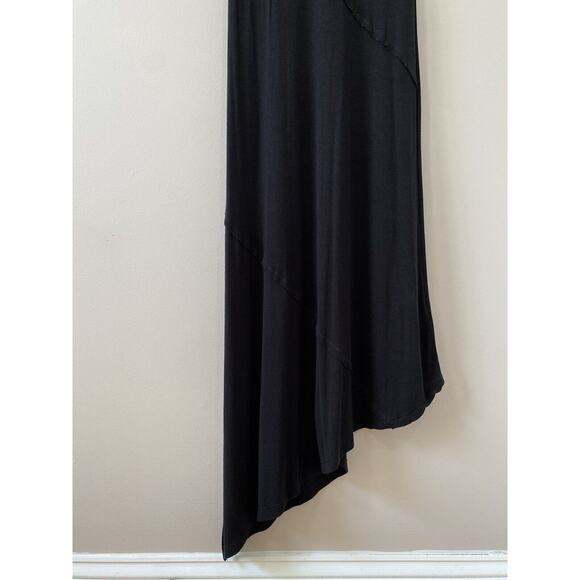 Greige Ribbed Minimalist Black Sleeveless Midi Dress Raw Edge Diagonal Hem LARGE - Picture 6 of 12